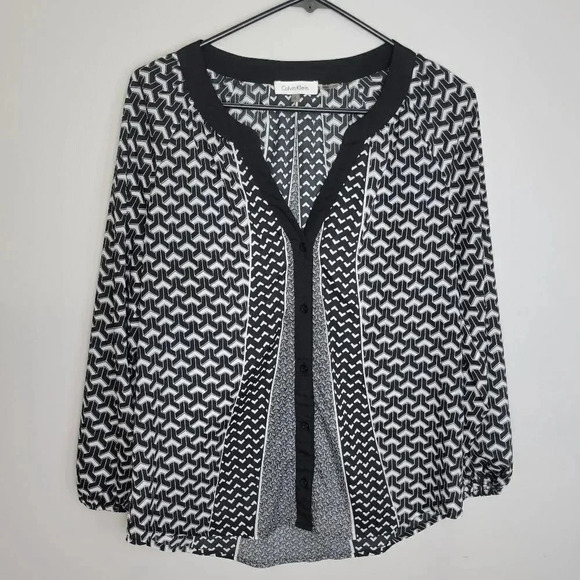 Calvin Klein Black & White Geometric V-neck Button Front - Picture 1 of 7